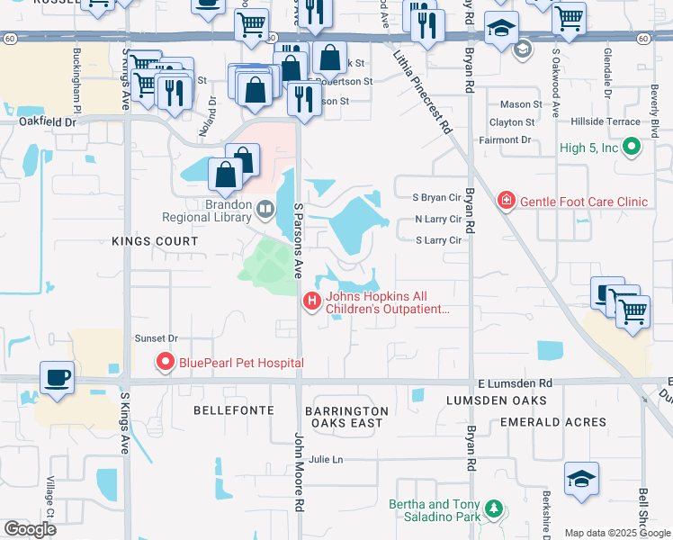 map of restaurants, bars, coffee shops, grocery stores, and more near 215 Lake Brook Circle in Brandon