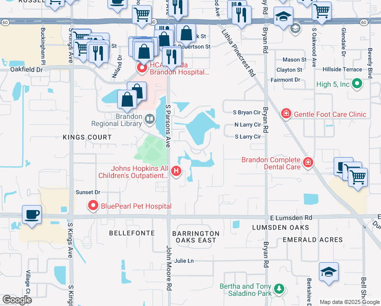 map of restaurants, bars, coffee shops, grocery stores, and more near 214 Lake Parsons Green in Brandon