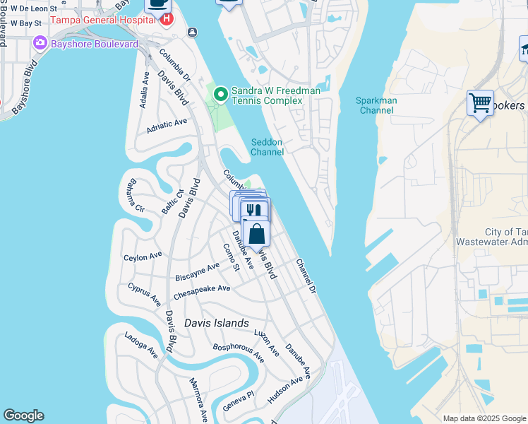 map of restaurants, bars, coffee shops, grocery stores, and more near 160 Columbia Drive in Tampa
