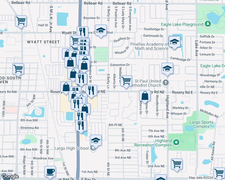 map of restaurants, bars, coffee shops, grocery stores, and more near 1867 Betty Lane in Largo