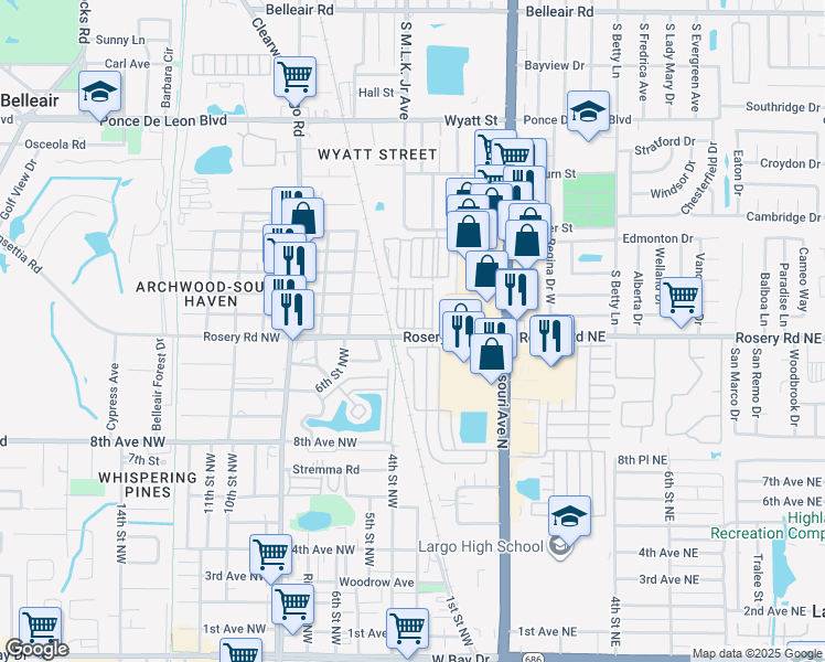 map of restaurants, bars, coffee shops, grocery stores, and more near 250 Rosery Road Northwest in Largo