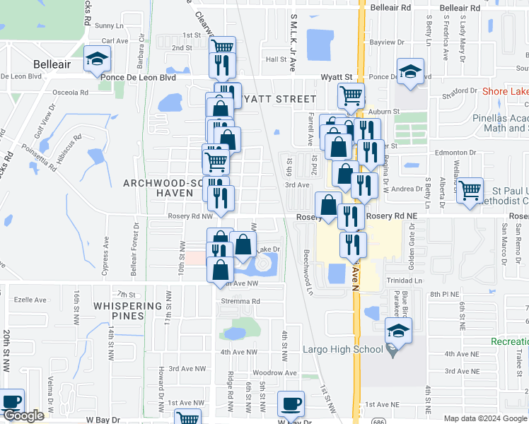 map of restaurants, bars, coffee shops, grocery stores, and more near 604 13th Avenue Northwest in Largo