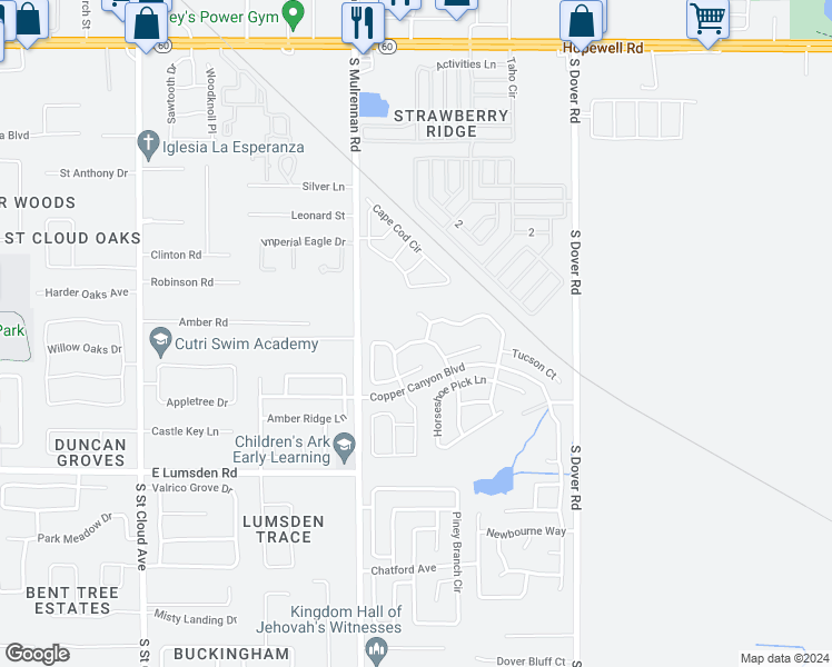 map of restaurants, bars, coffee shops, grocery stores, and more near 809 Crest Top Trail in Valrico