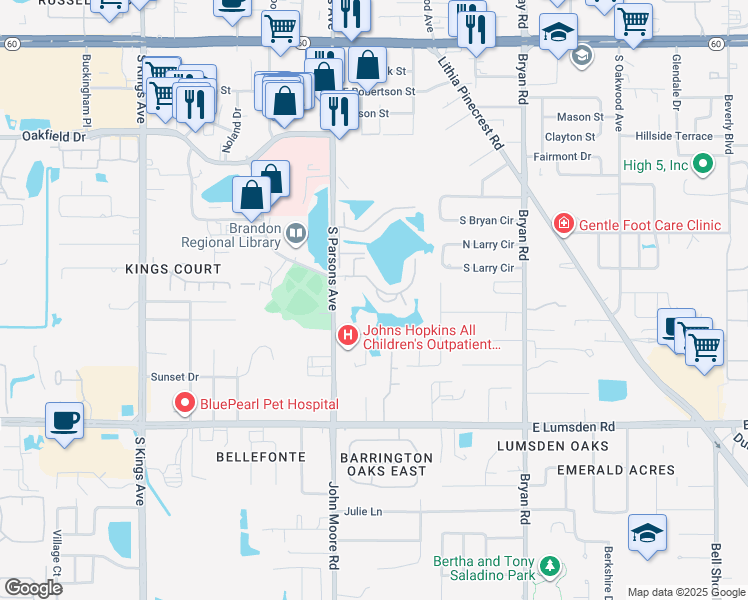 map of restaurants, bars, coffee shops, grocery stores, and more near 214 Lake Parsons Green in Brandon