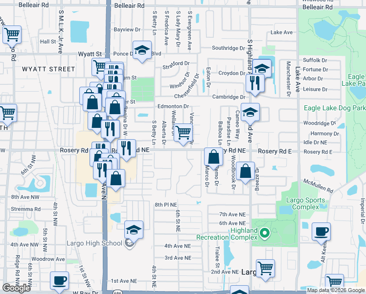 map of restaurants, bars, coffee shops, grocery stores, and more near 1861 Lady Mary Drive in Clearwater