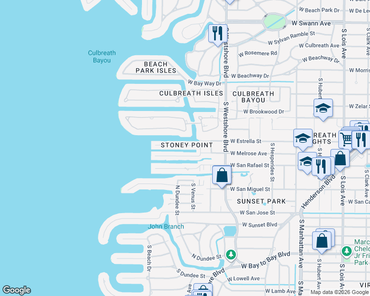 map of restaurants, bars, coffee shops, grocery stores, and more near 4927 West Melrose Avenue North in Tampa