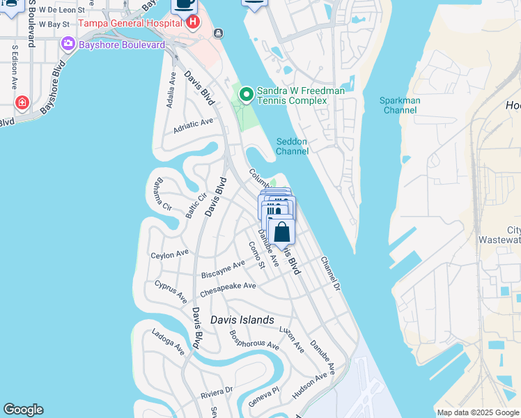 map of restaurants, bars, coffee shops, grocery stores, and more near 136 East Davis Boulevard in Tampa