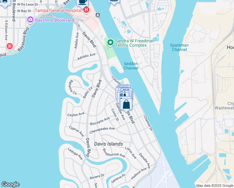 map of restaurants, bars, coffee shops, grocery stores, and more near 136 East Davis Boulevard in Tampa