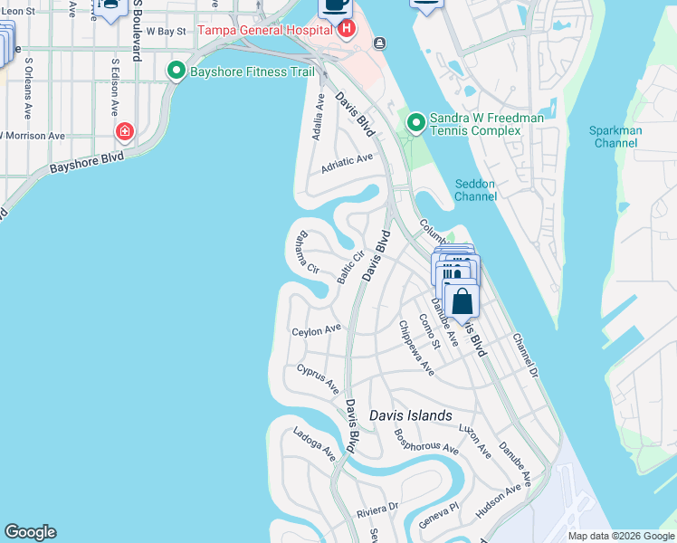 map of restaurants, bars, coffee shops, grocery stores, and more near 11 Baffin Avenue in Tampa