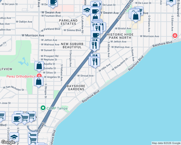 map of restaurants, bars, coffee shops, grocery stores, and more near in Tampa