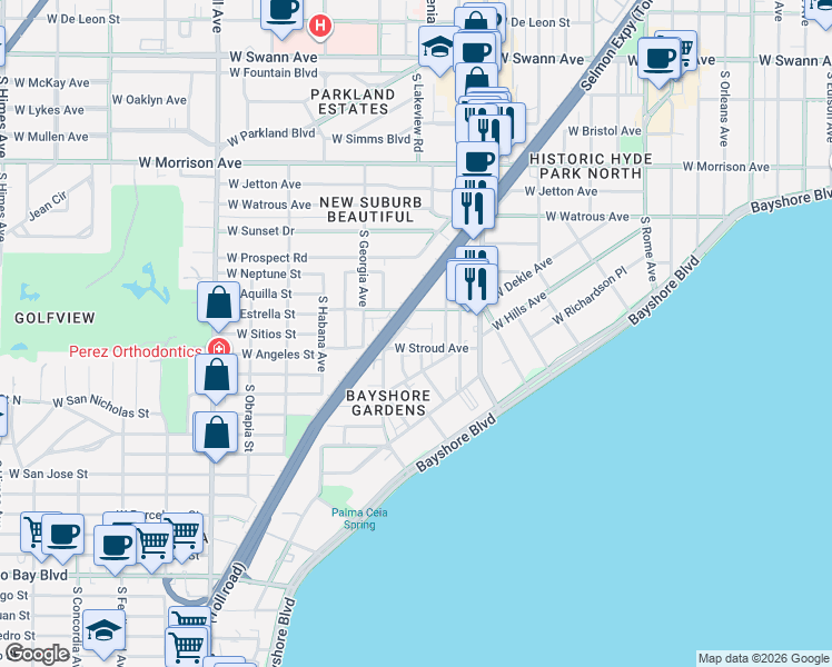map of restaurants, bars, coffee shops, grocery stores, and more near 1403 South Moody Avenue in Tampa