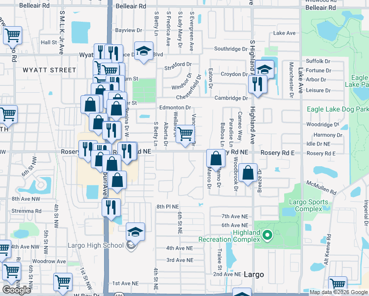 map of restaurants, bars, coffee shops, grocery stores, and more near 1861 Lady Mary Drive in Clearwater