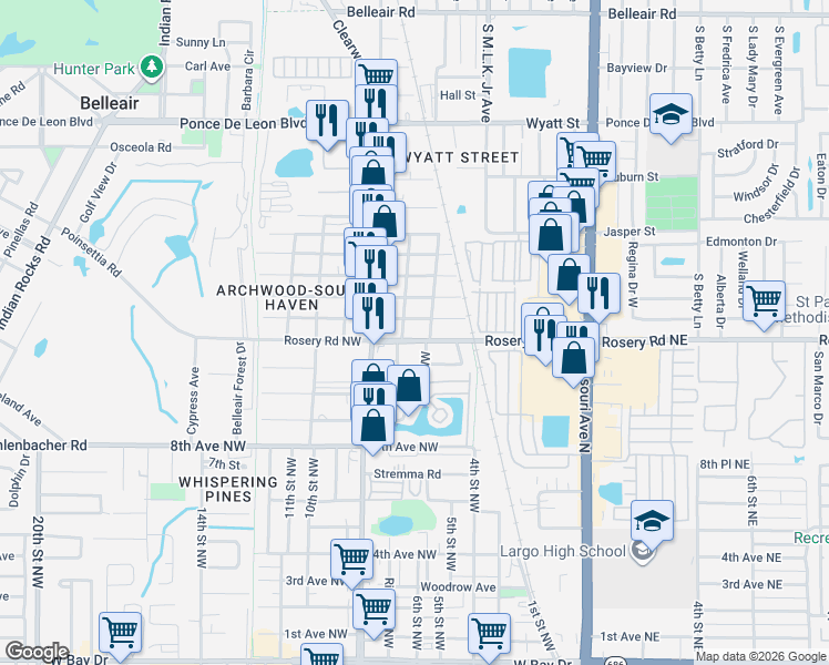 map of restaurants, bars, coffee shops, grocery stores, and more near 604 13th Avenue Northwest in Largo