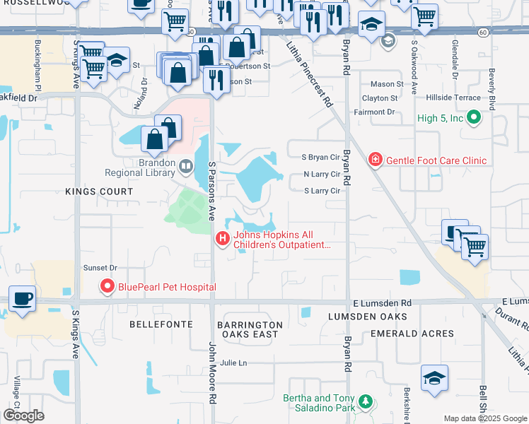 map of restaurants, bars, coffee shops, grocery stores, and more near 308 Lake Parsons Green in Brandon