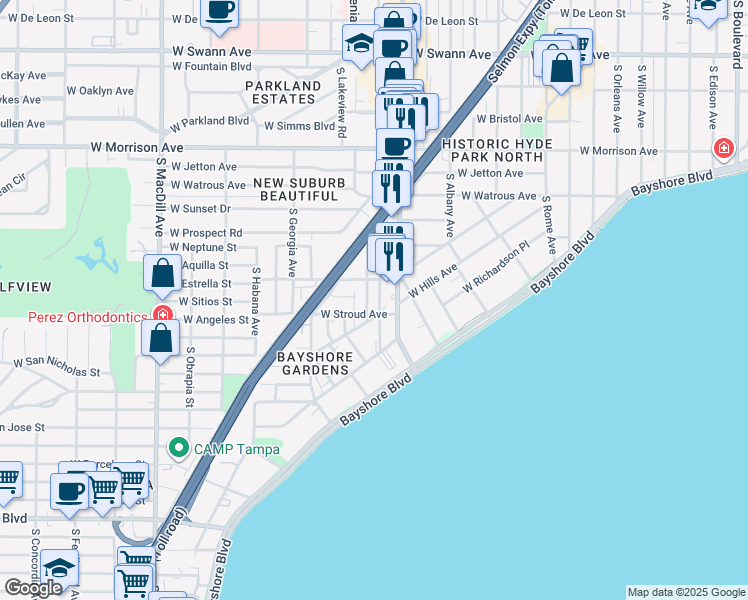 map of restaurants, bars, coffee shops, grocery stores, and more near in Tampa