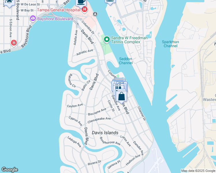 map of restaurants, bars, coffee shops, grocery stores, and more near 129 Danube Avenue in Tampa