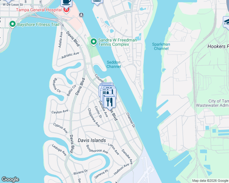 map of restaurants, bars, coffee shops, grocery stores, and more near 1 Barbados Avenue in Tampa