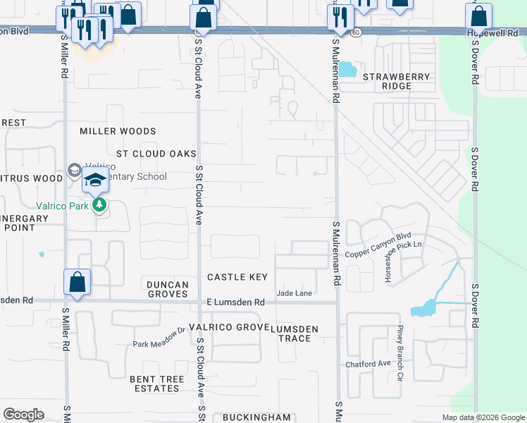 map of restaurants, bars, coffee shops, grocery stores, and more near 4008 Amber Road in Valrico