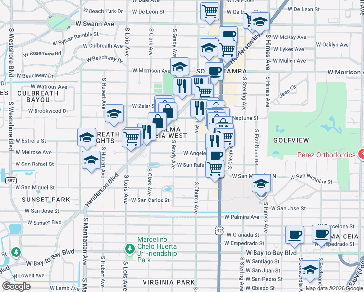 map of restaurants, bars, coffee shops, grocery stores, and more near 3909 West Estrella Street in Tampa