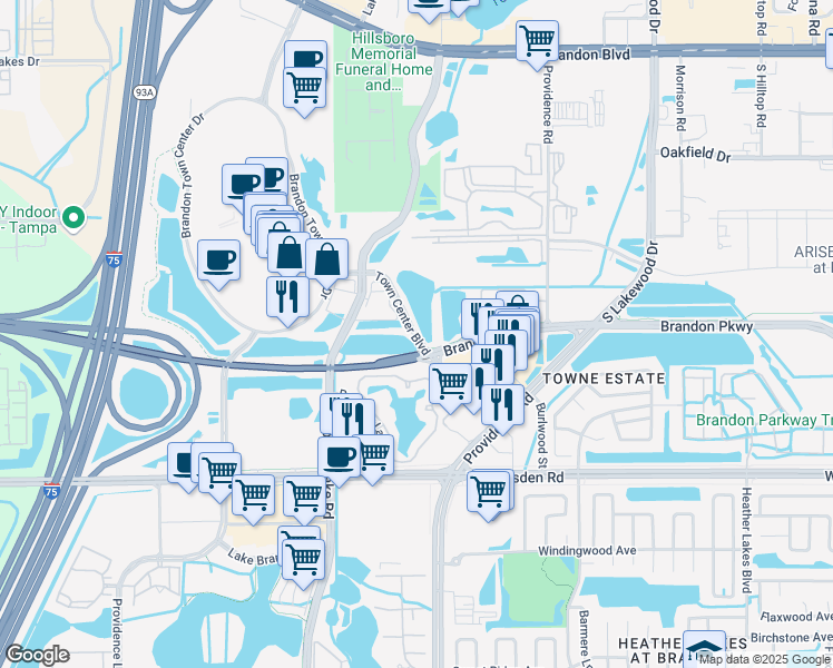 map of restaurants, bars, coffee shops, grocery stores, and more near Town Center Boulevard in Brandon