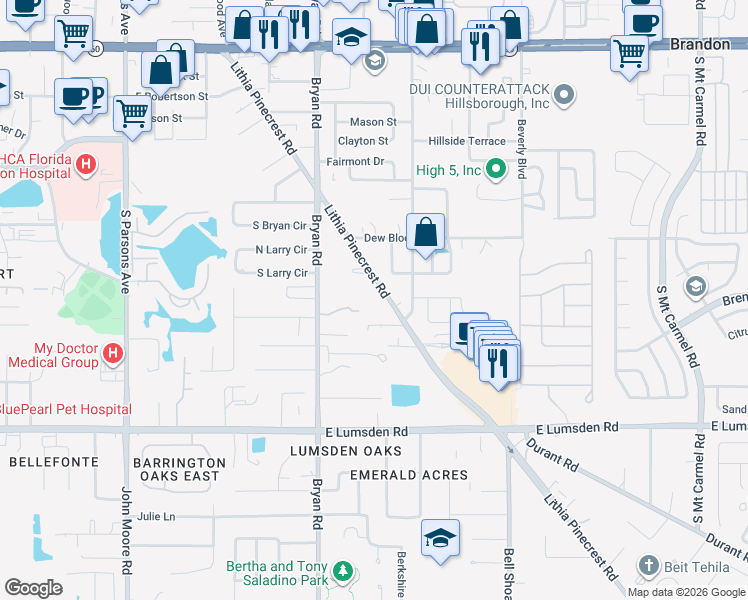 map of restaurants, bars, coffee shops, grocery stores, and more near 712 Lithia Pinecrest Road in Brandon