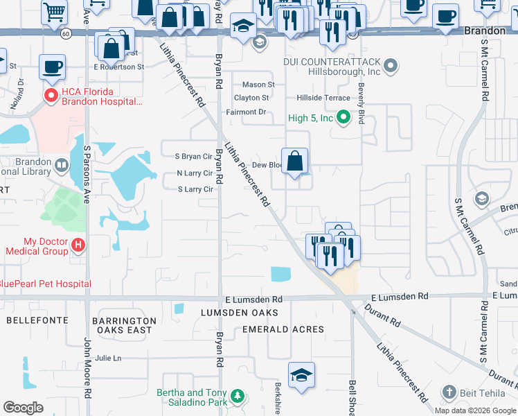 map of restaurants, bars, coffee shops, grocery stores, and more near 712 Lithia Pinecrest Road in Brandon