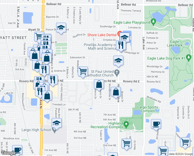 map of restaurants, bars, coffee shops, grocery stores, and more near 1231 Alexander Way in Clearwater