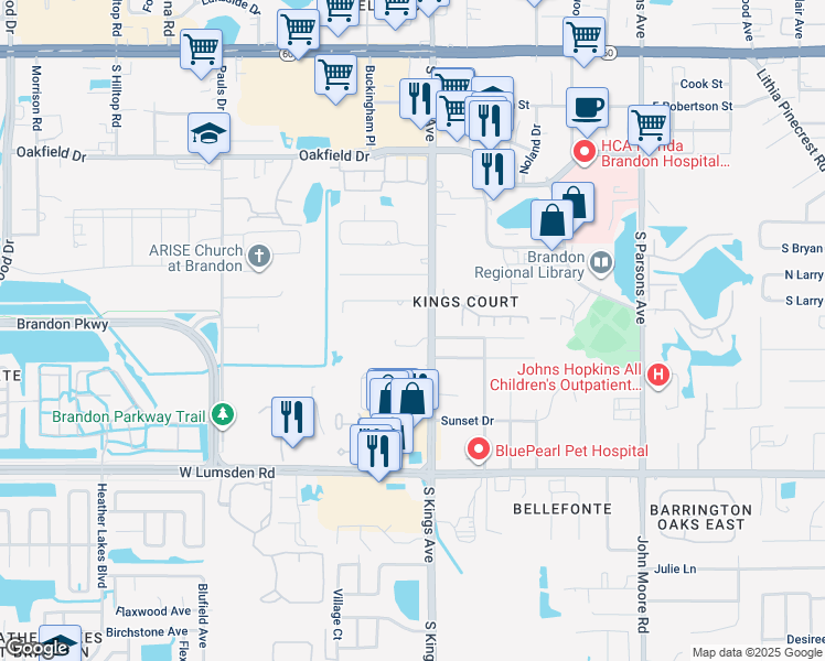 map of restaurants, bars, coffee shops, grocery stores, and more near 702 South Kings Avenue in Brandon