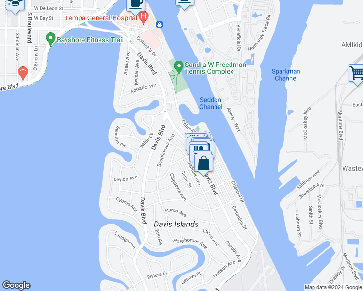 map of restaurants, bars, coffee shops, grocery stores, and more near 136 East Davis Boulevard in Tampa