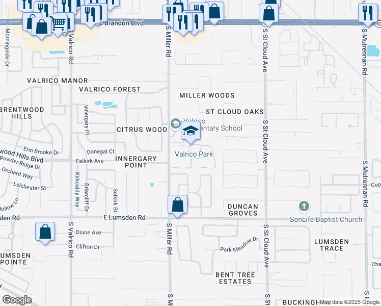 map of restaurants, bars, coffee shops, grocery stores, and more near 609 South Miller Road in Valrico