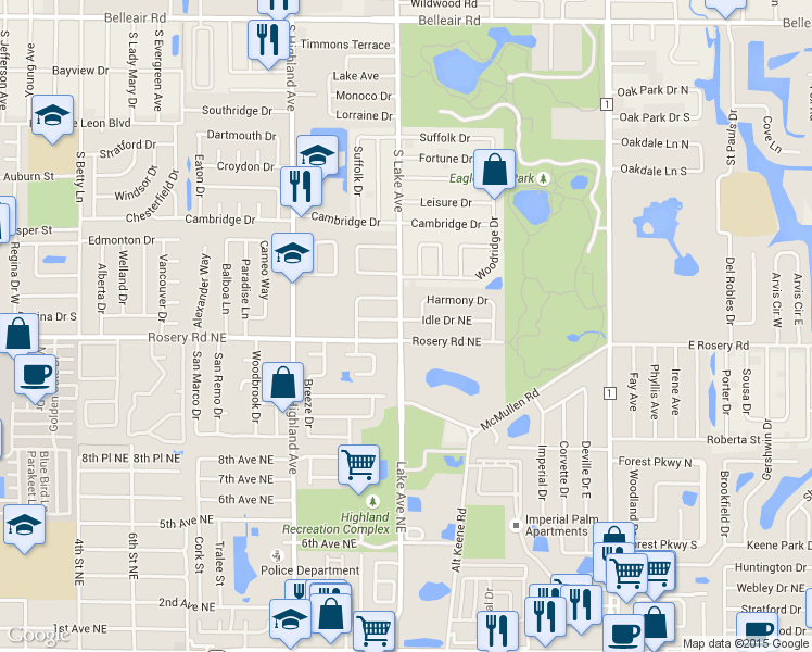 map of restaurants, bars, coffee shops, grocery stores, and more near 1601 Idle Drive Northeast in Clearwater