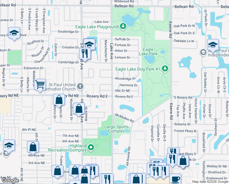 map of restaurants, bars, coffee shops, grocery stores, and more near 1601 Idle Drive Northeast in Clearwater