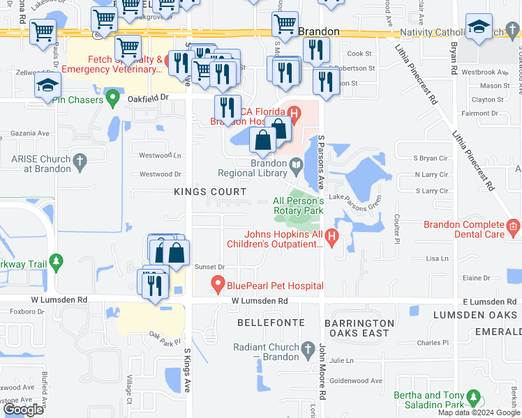 map of restaurants, bars, coffee shops, grocery stores, and more near 774 Spring Flowers Trail in Brandon