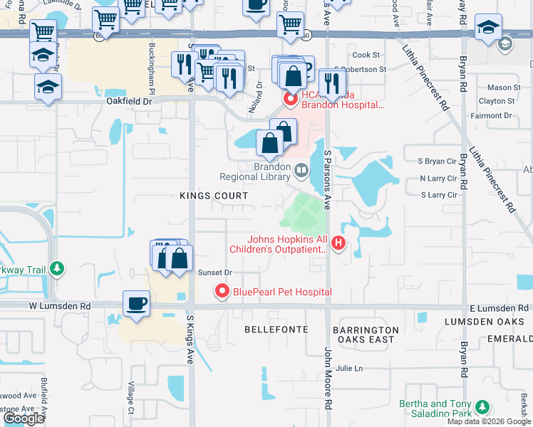 map of restaurants, bars, coffee shops, grocery stores, and more near 772 Spring Flowers Trail in Brandon
