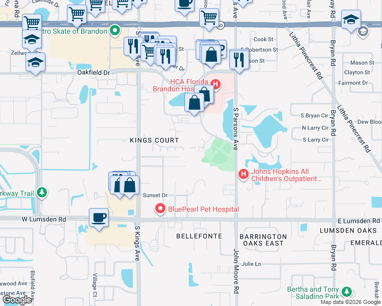 map of restaurants, bars, coffee shops, grocery stores, and more near 774 Spring Flowers Trail in Brandon