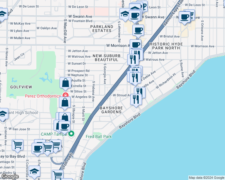 map of restaurants, bars, coffee shops, grocery stores, and more near 2430 West Mississippi Avenue in Tampa