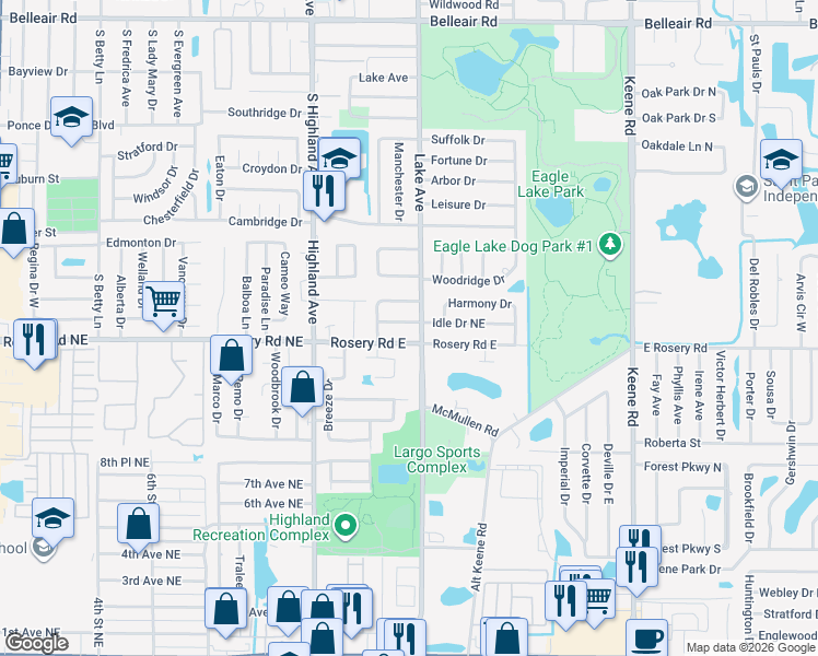 map of restaurants, bars, coffee shops, grocery stores, and more near 1586 Idle Drive Northeast in Clearwater