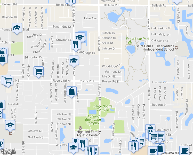map of restaurants, bars, coffee shops, grocery stores, and more near 1595 Idle Drive Northeast in Clearwater