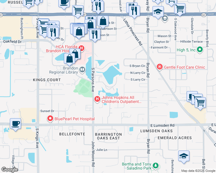 map of restaurants, bars, coffee shops, grocery stores, and more near 214 Lake Parsons Green in Brandon