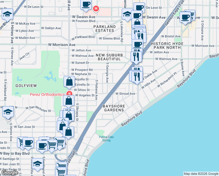 map of restaurants, bars, coffee shops, grocery stores, and more near 1605 South Georgia Avenue in Tampa