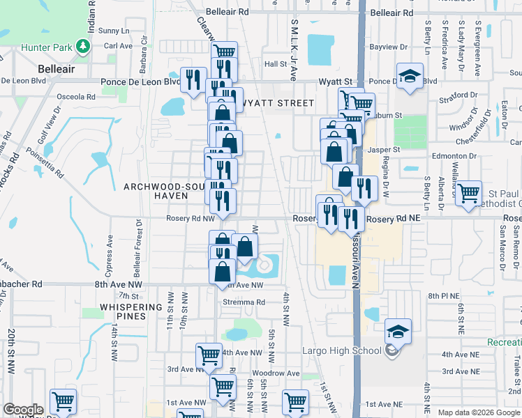 map of restaurants, bars, coffee shops, grocery stores, and more near 604 13th Avenue Northwest in Largo