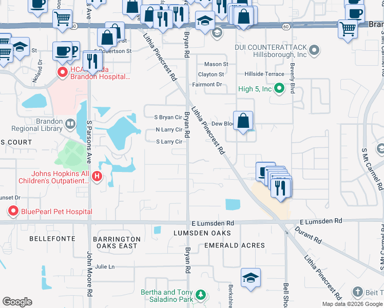 map of restaurants, bars, coffee shops, grocery stores, and more near 705 Bryan Road in Brandon