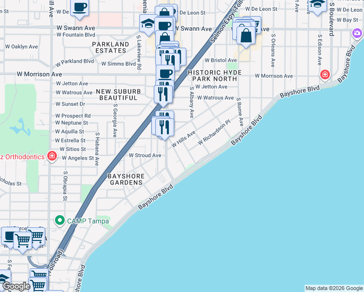 map of restaurants, bars, coffee shops, grocery stores, and more near 1401 Nance Avenue in Tampa