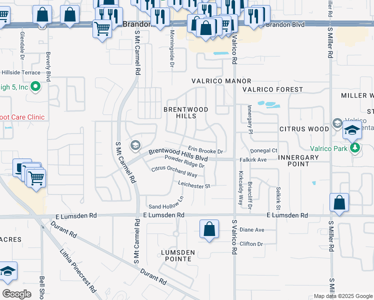 map of restaurants, bars, coffee shops, grocery stores, and more near 1807 Erin Brooke Drive in Valrico