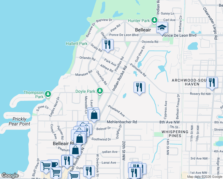 map of restaurants, bars, coffee shops, grocery stores, and more near 1618 County Road 233 in Belleair