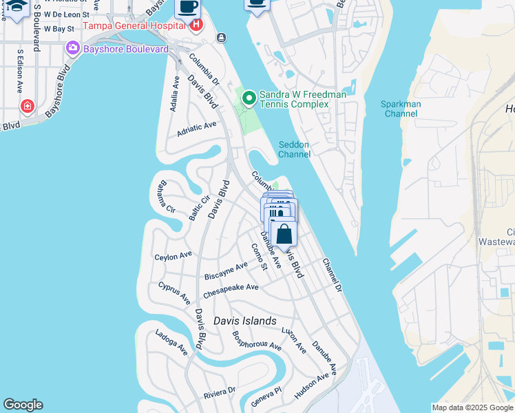 map of restaurants, bars, coffee shops, grocery stores, and more near 142 East Davis Boulevard in Tampa