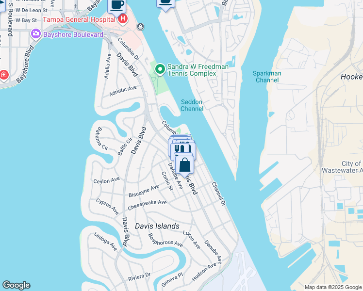 map of restaurants, bars, coffee shops, grocery stores, and more near 160 Columbia Drive in Tampa