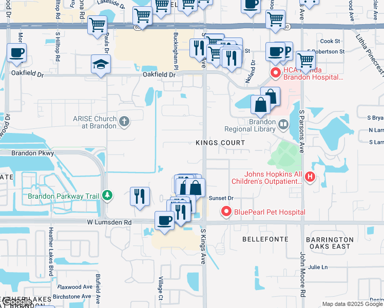 map of restaurants, bars, coffee shops, grocery stores, and more near 702 South Kings Avenue in Brandon