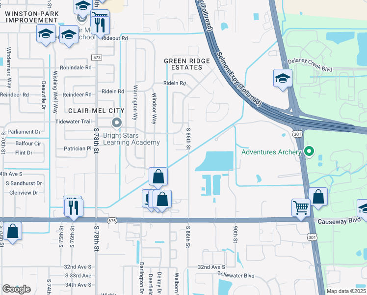 map of restaurants, bars, coffee shops, grocery stores, and more near 2019 Tidewater Court in Tampa