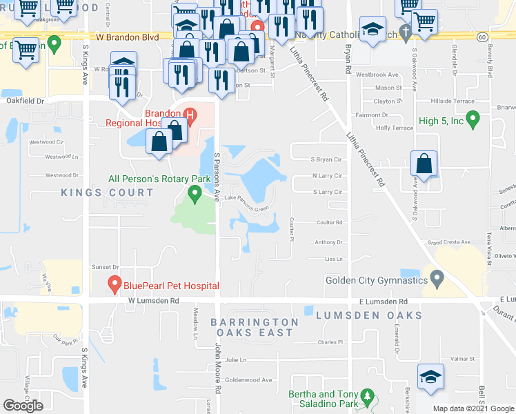 map of restaurants, bars, coffee shops, grocery stores, and more near 308 Lake Parsons Green in Brandon